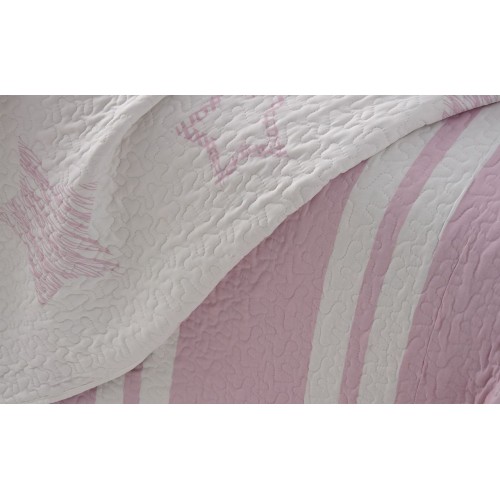 COLCHA BOUTI REVERSIBLE ESTAMPADO RAYAS/ESTRELLAS ROSA Y BLANCO