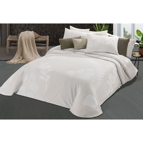 SET DE COLCHA CUBRECAMA JACQUARD ALGODON CON DIBUJO TEJIDO DE HOJAS EN TONOS HUESOS Y BLANCO WABI SABI