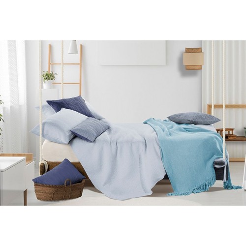 COLCHA CUBRECAMA JACQUARD ALGODON ROUGH AZUL CLARO SHABBY CHIC